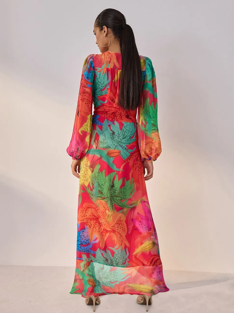 Kew Collection Bright Floral Occasion Long Sleeve Wrap Midi Dress