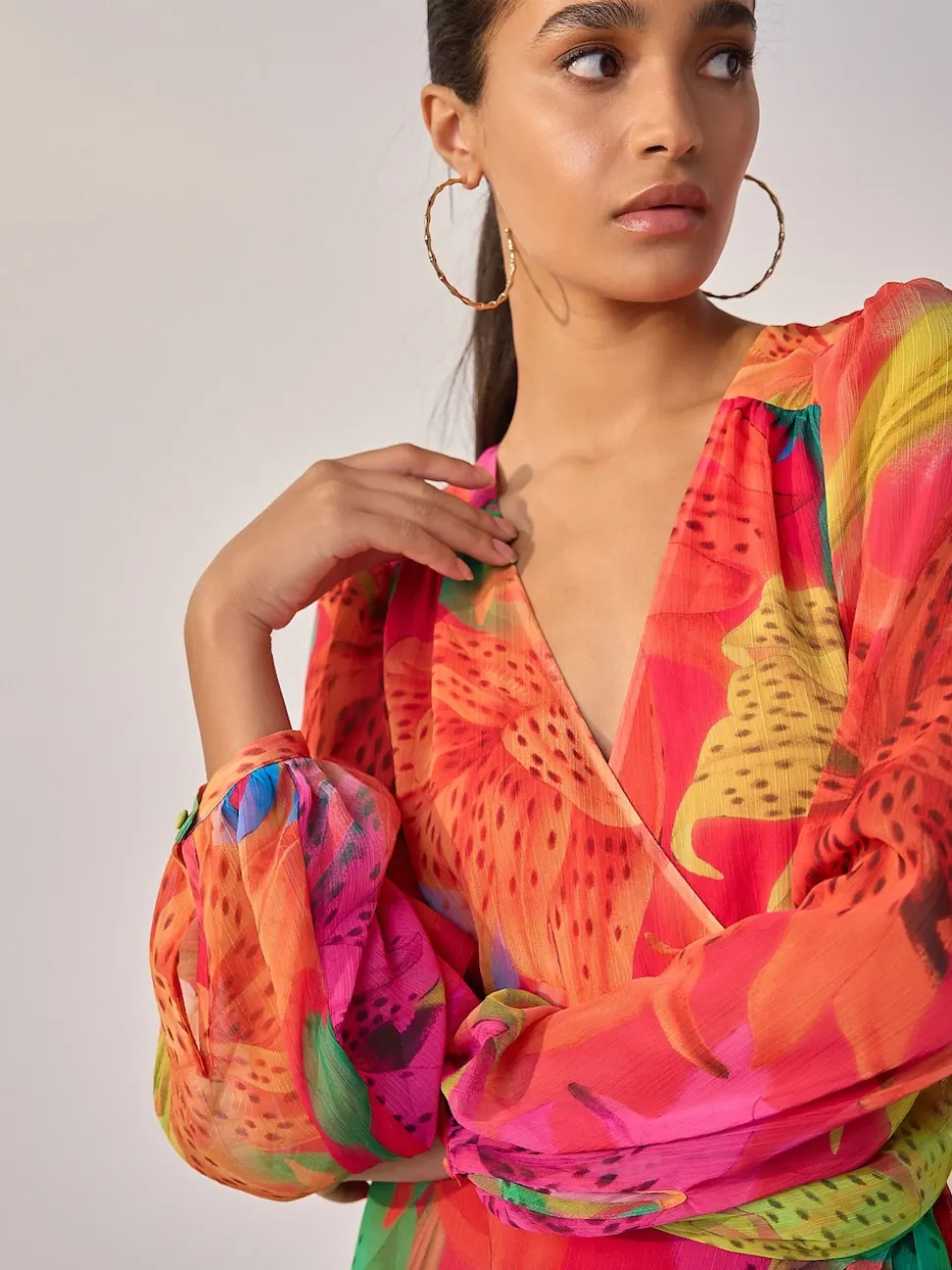 Kew Collection Bright Floral Occasion Long Sleeve Wrap Midi Dress