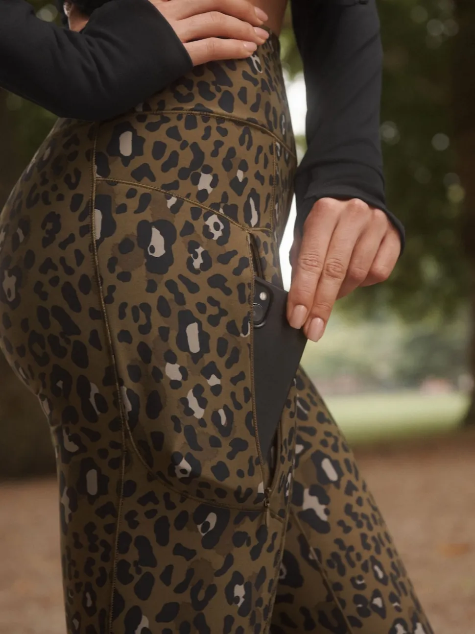 Khaki Animal Print Outdoor Fleece Lined Warm Handle Leggings