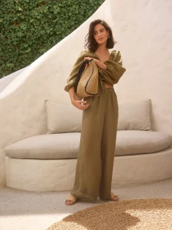 Khaki Green 100% Linen Premium Wide Leg Trousers