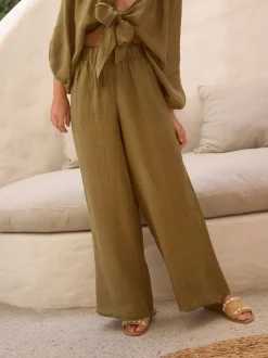 Khaki Green 100% Linen Premium Wide Leg Trousers