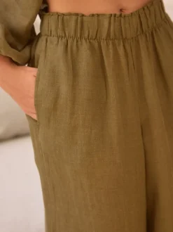Khaki Green 100% Linen Premium Wide Leg Trousers
