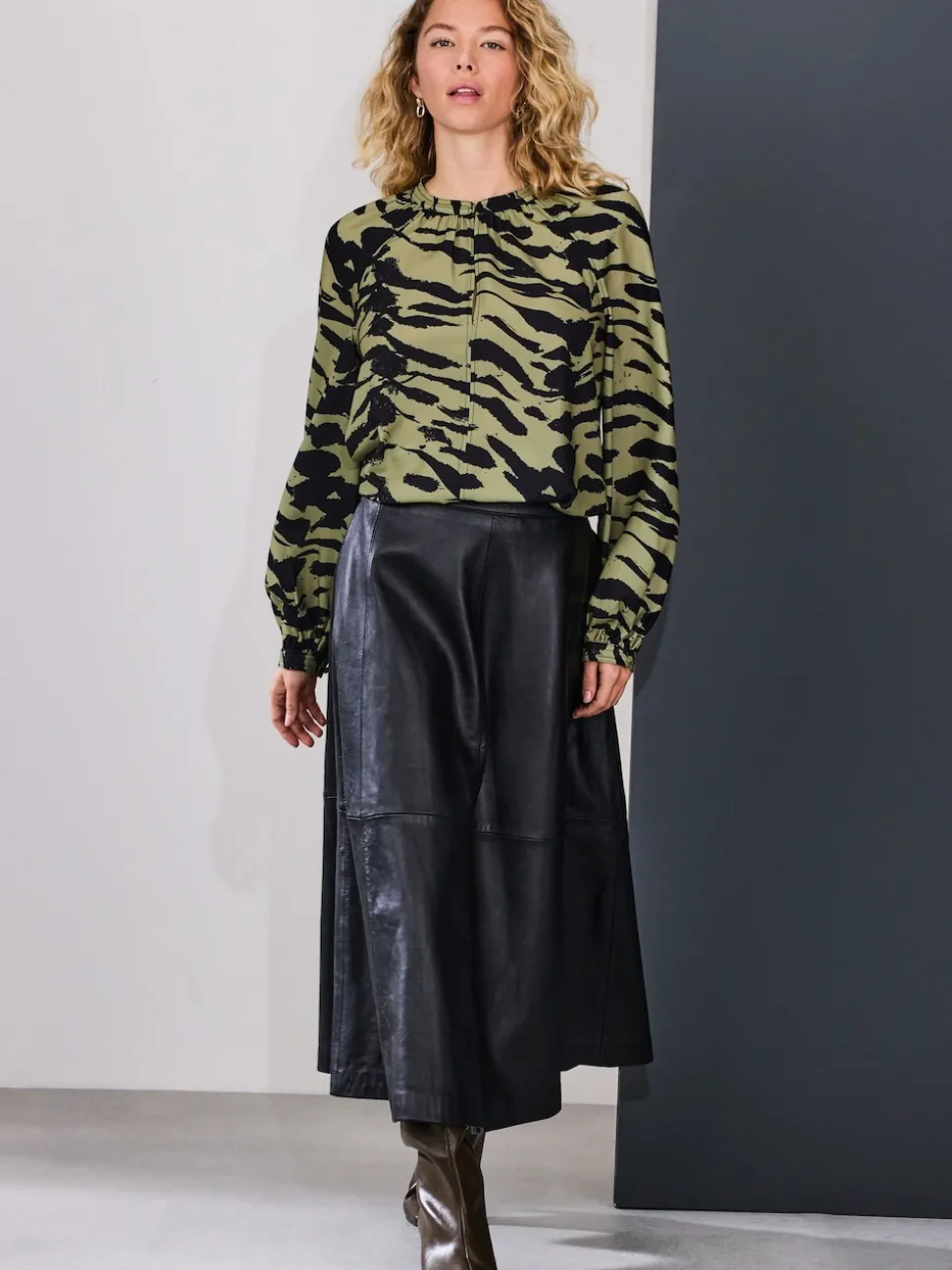 Khaki Green Animal Print Long Sleeve V-Neck Blouse