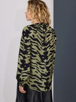 Khaki Green Animal Print Long Sleeve V-Neck Blouse