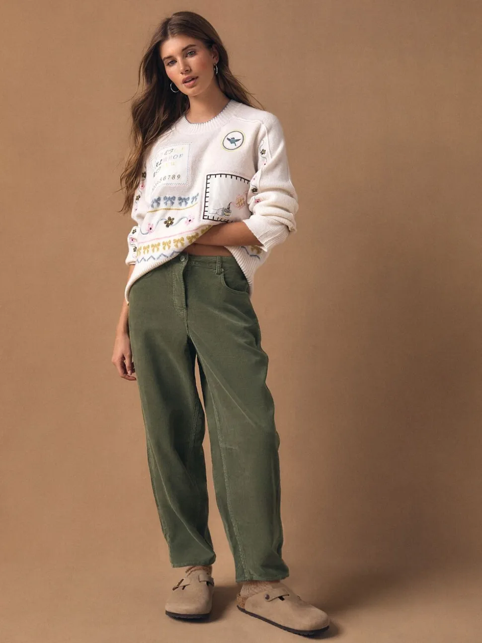 Khaki Green Cord Barrel Leg Trousers