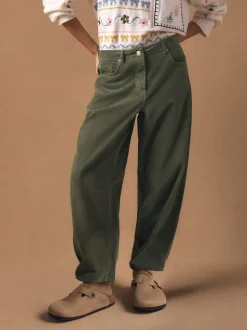 Khaki Green Cord Barrel Leg Trousers