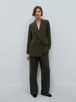 Khaki Green Crosshatch Elastic Waist Wide Leg Trousers