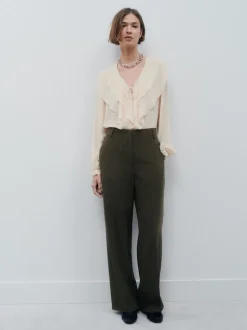 Khaki Green Crosshatch Elastic Waist Wide Leg Trousers