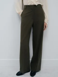 Khaki Green Crosshatch Elastic Waist Wide Leg Trousers