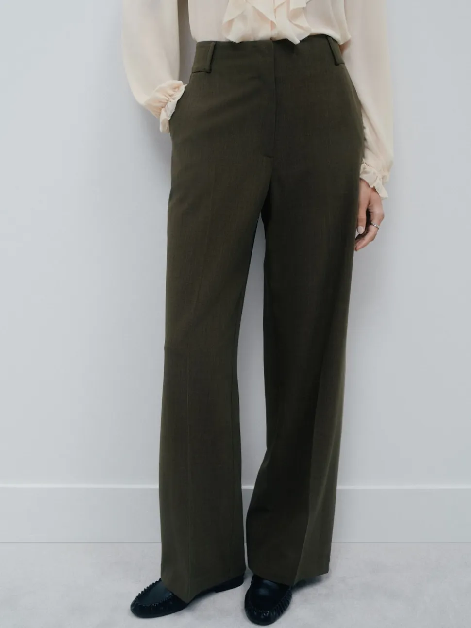 Khaki Green Crosshatch Elastic Waist Wide Leg Trousers