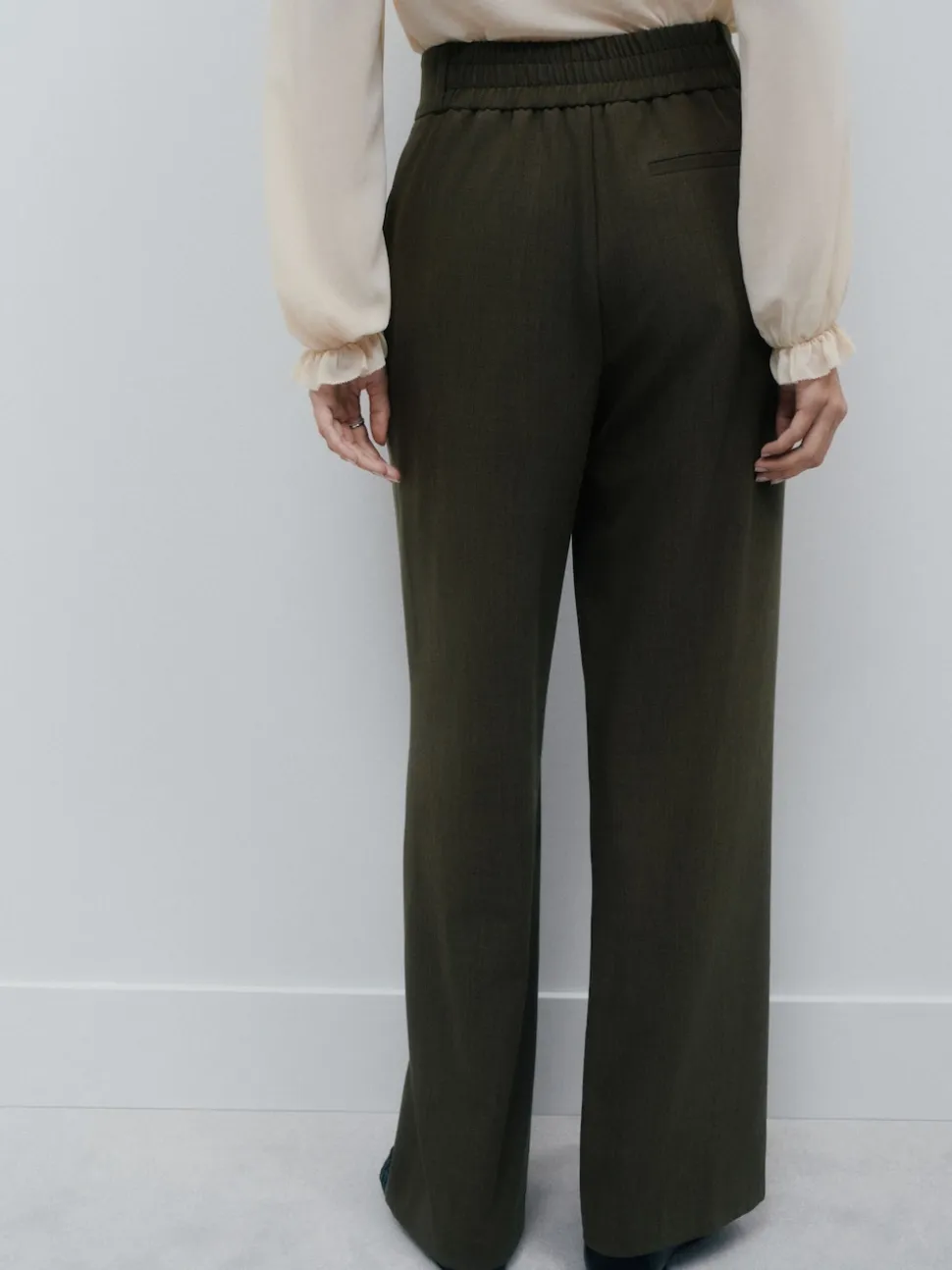 Khaki Green Crosshatch Elastic Waist Wide Leg Trousers