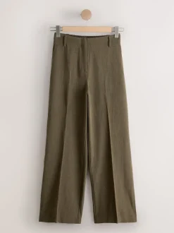 Khaki Green Crosshatch Elastic Waist Wide Leg Trousers