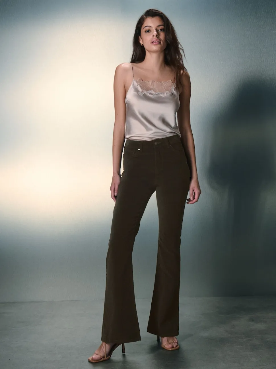 Khaki Green High Rise Velvet Cord Flare Jeans