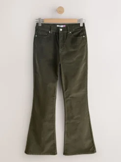 Khaki Green High Rise Velvet Cord Flare Jeans