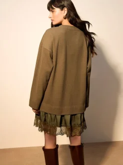 Khaki Green 2-In-1 Soft Touch Jumper Lace Skirt