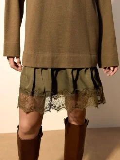 Khaki Green 2-In-1 Soft Touch Jumper Lace Skirt