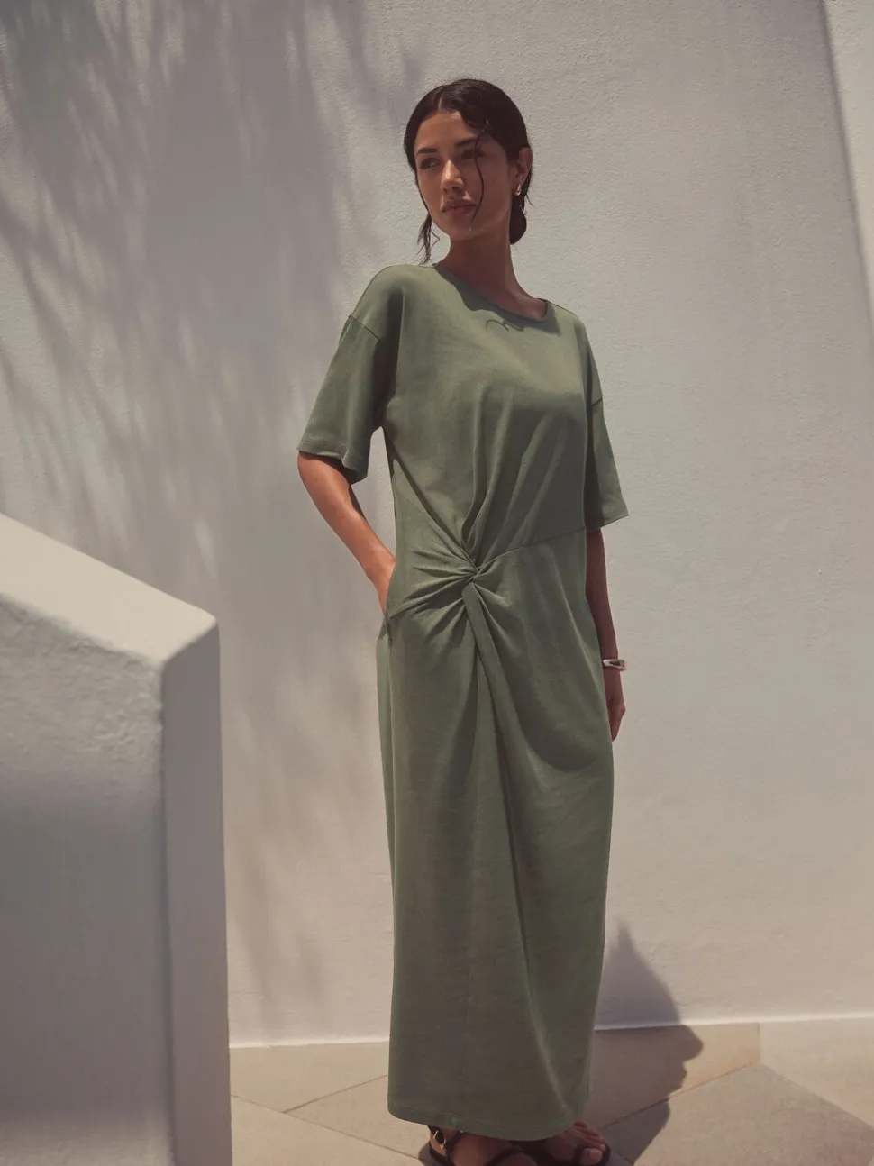 Khaki Green Jersey Twist T-Shirt Summer Dress