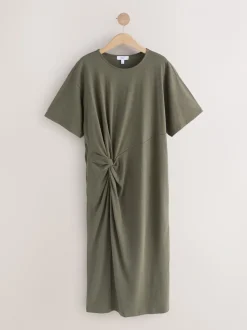 Khaki Green Jersey Twist T-Shirt Summer Dress