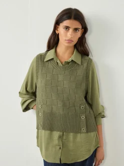 Khaki Green Knitted Tank Shirt Layer With Button Detail