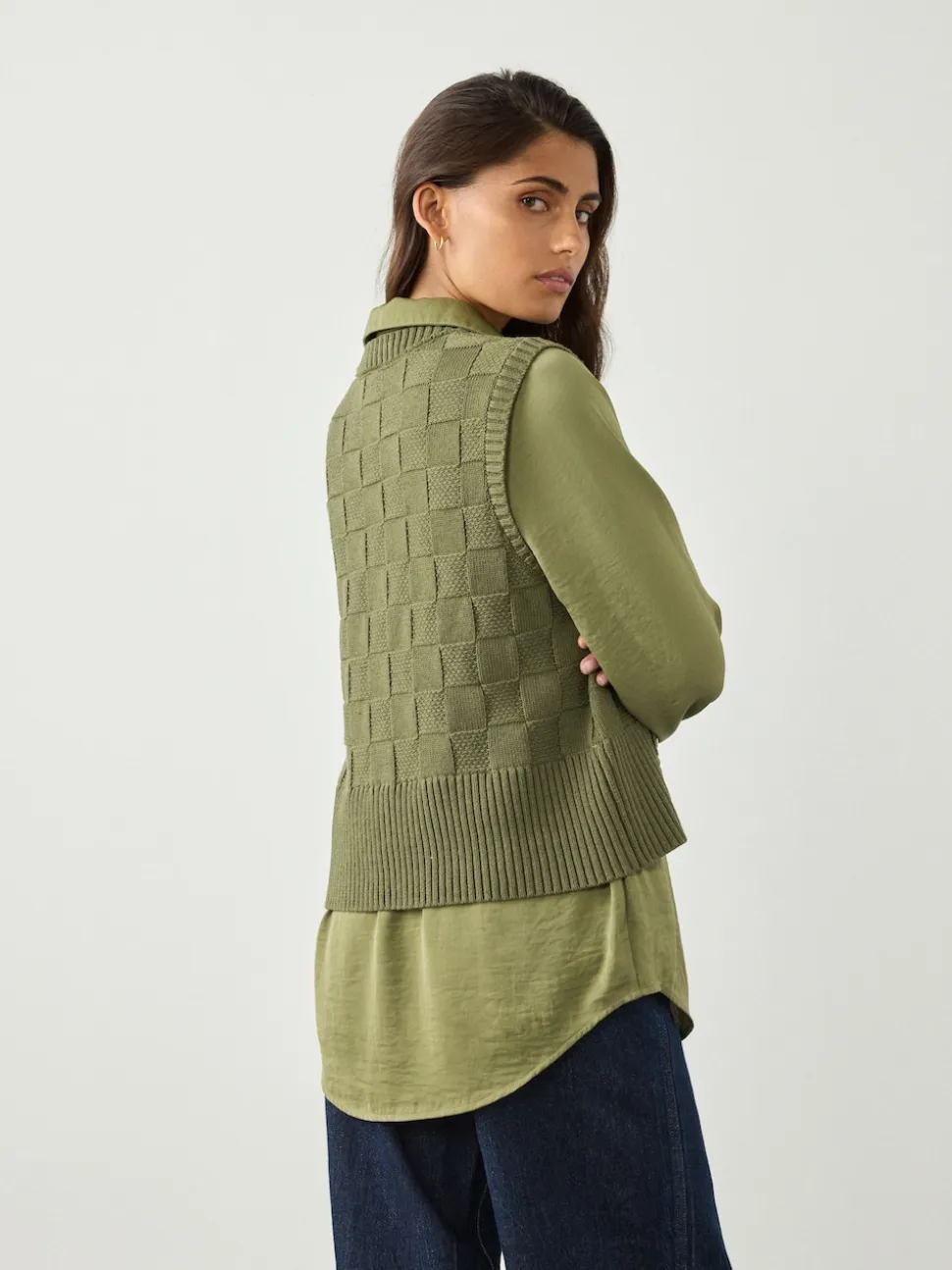 Khaki Green Knitted Tank Shirt Layer With Button Detail