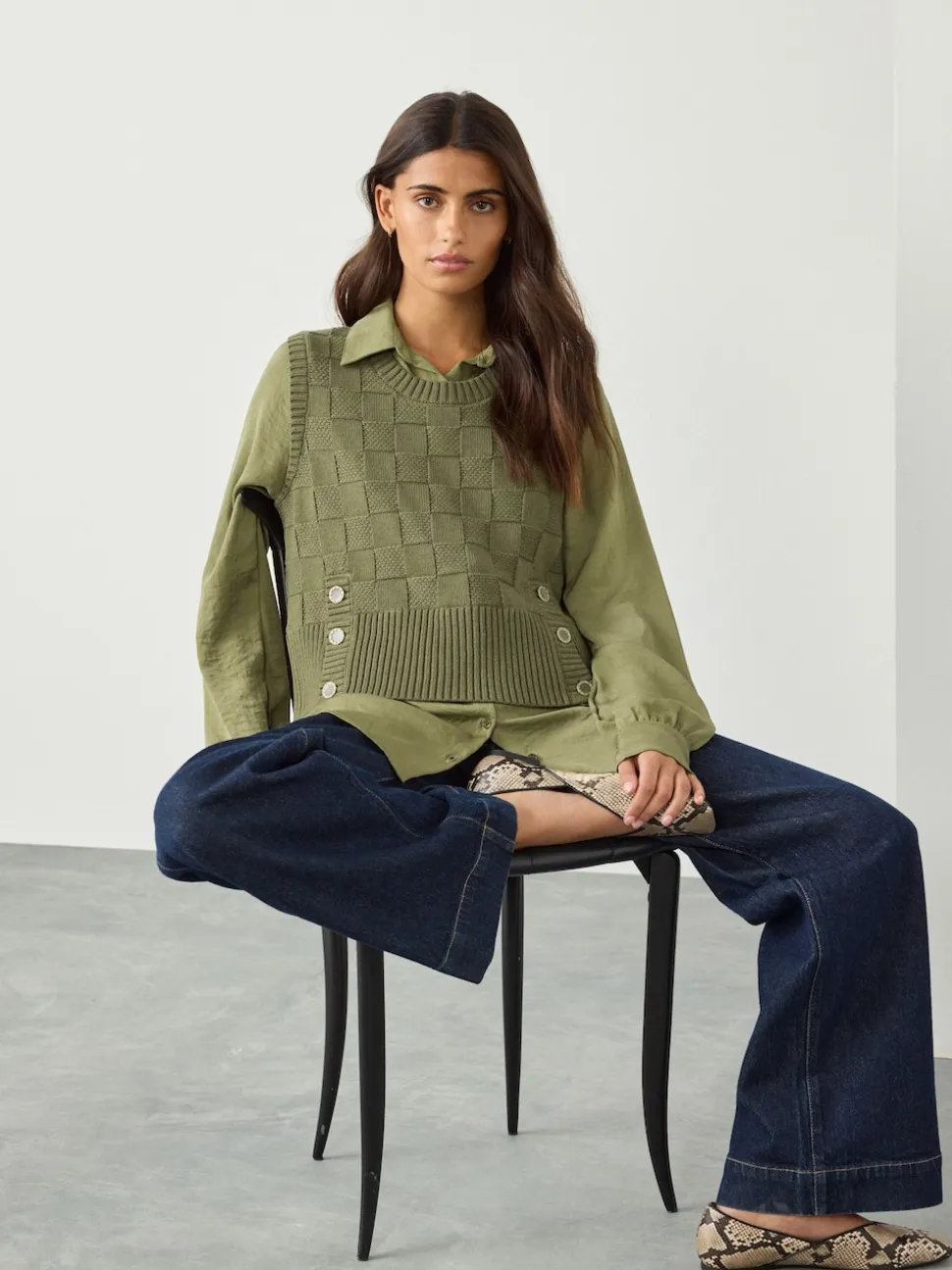 Khaki Green Knitted Tank Shirt Layer With Button Detail