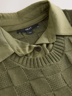 Khaki Green Knitted Tank Shirt Layer With Button Detail