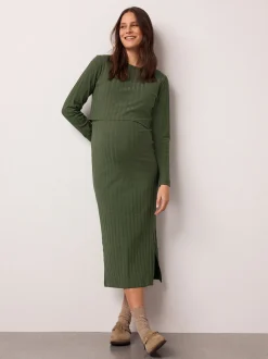 Khaki Green Maternity Long Sleeve Nursing Shelf Dress