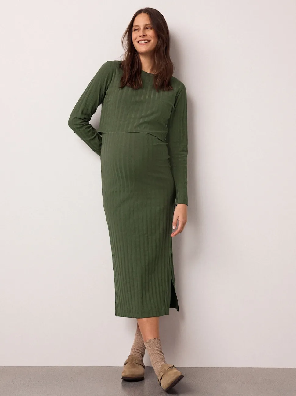 Khaki Green Maternity Long Sleeve Nursing Shelf Dress
