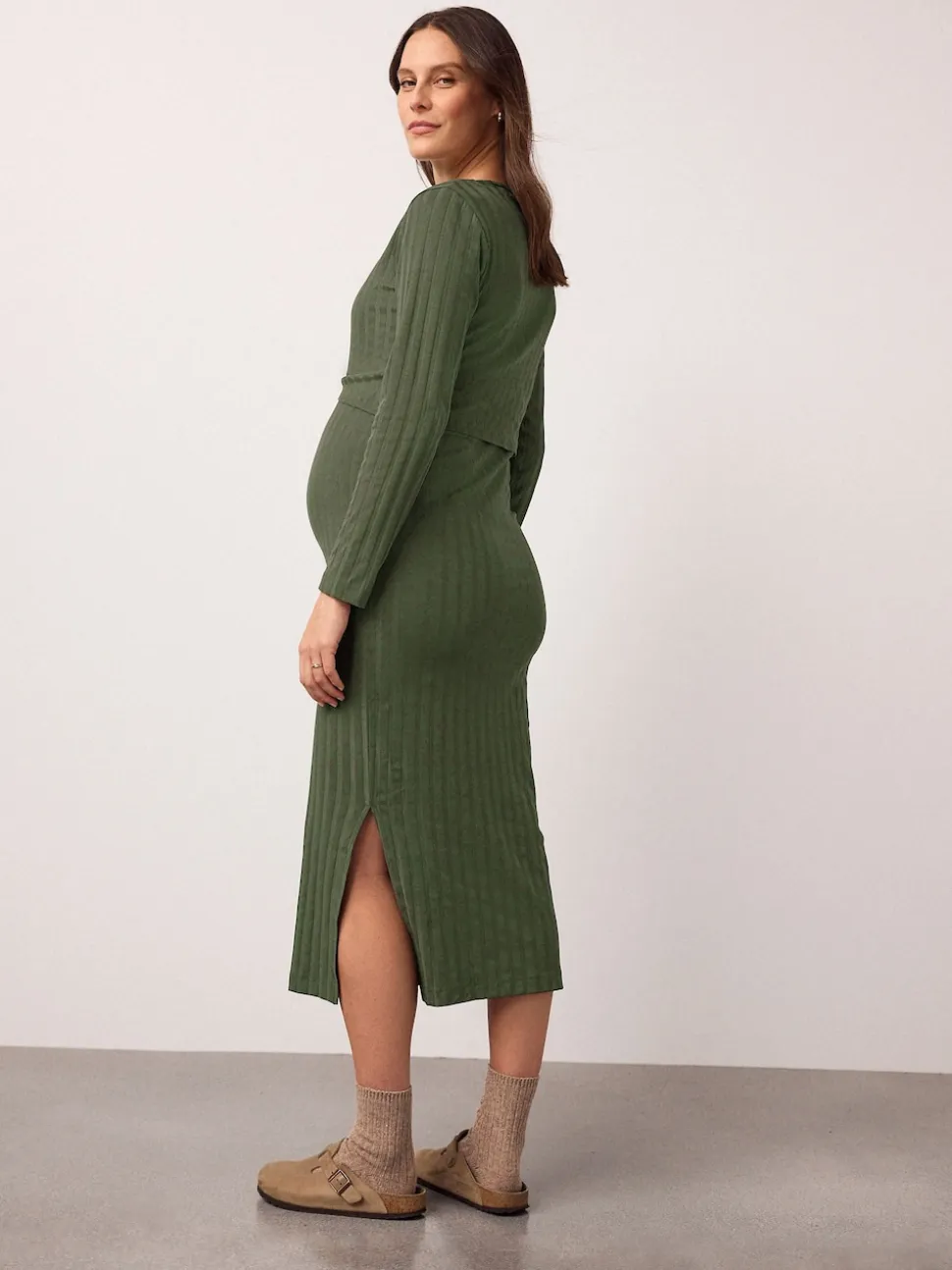 Khaki Green Maternity Long Sleeve Nursing Shelf Dress