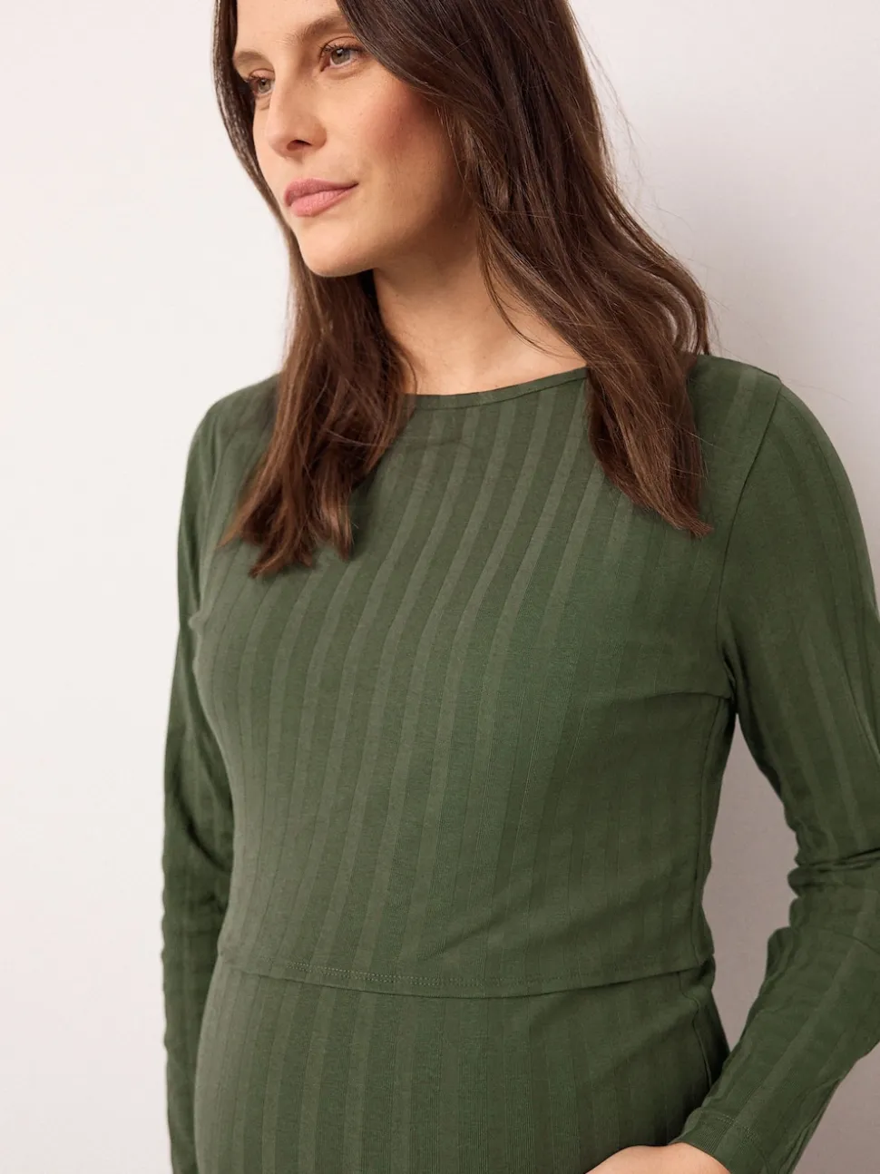 Khaki Green Maternity Long Sleeve Nursing Shelf Dress