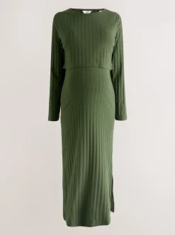 Khaki Green Maternity Long Sleeve Nursing Shelf Dress