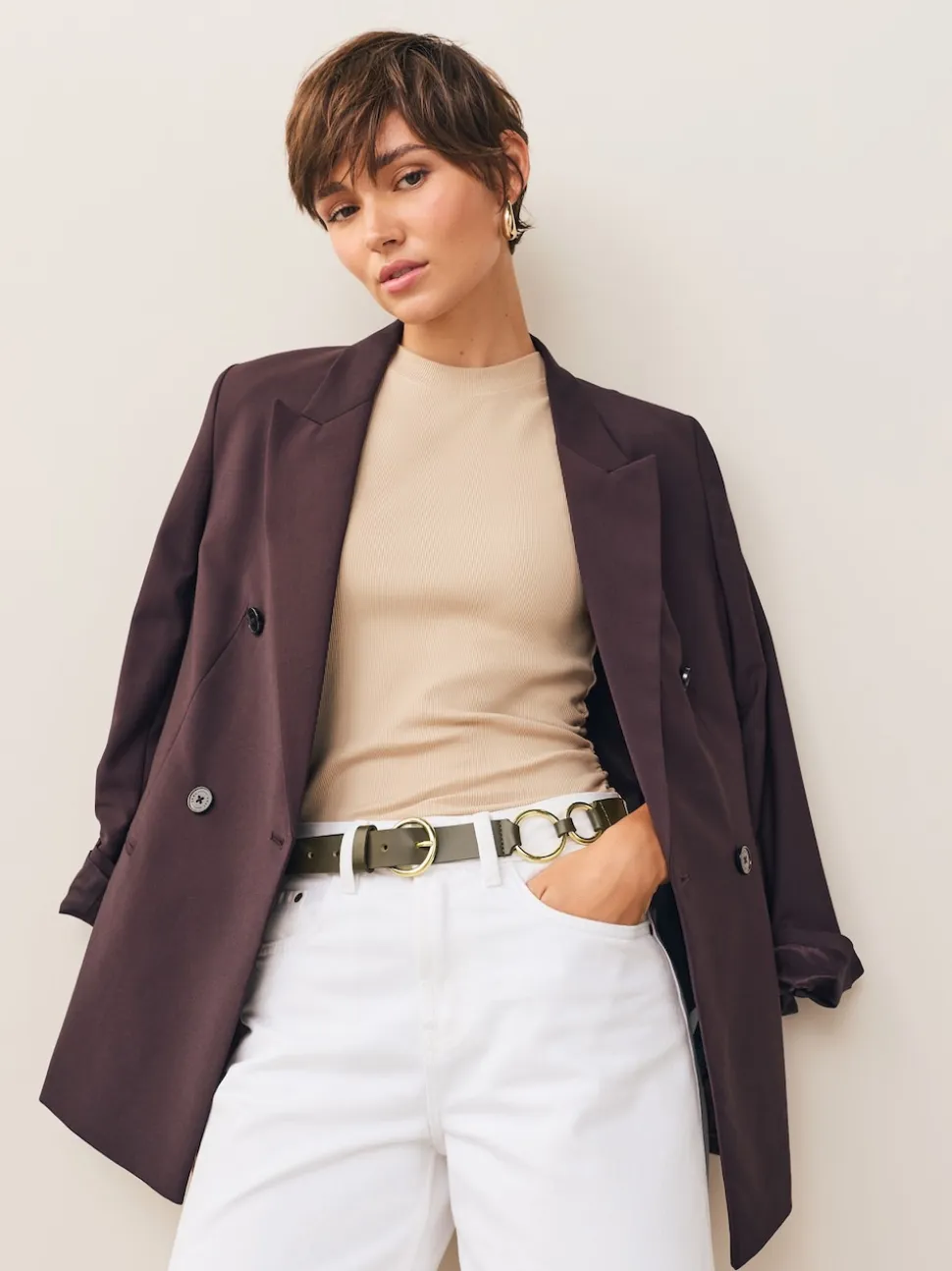 Khaki Green Metal Ring Detail Regular Leather Belt
