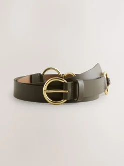 Khaki Green Metal Ring Detail Regular Leather Belt
