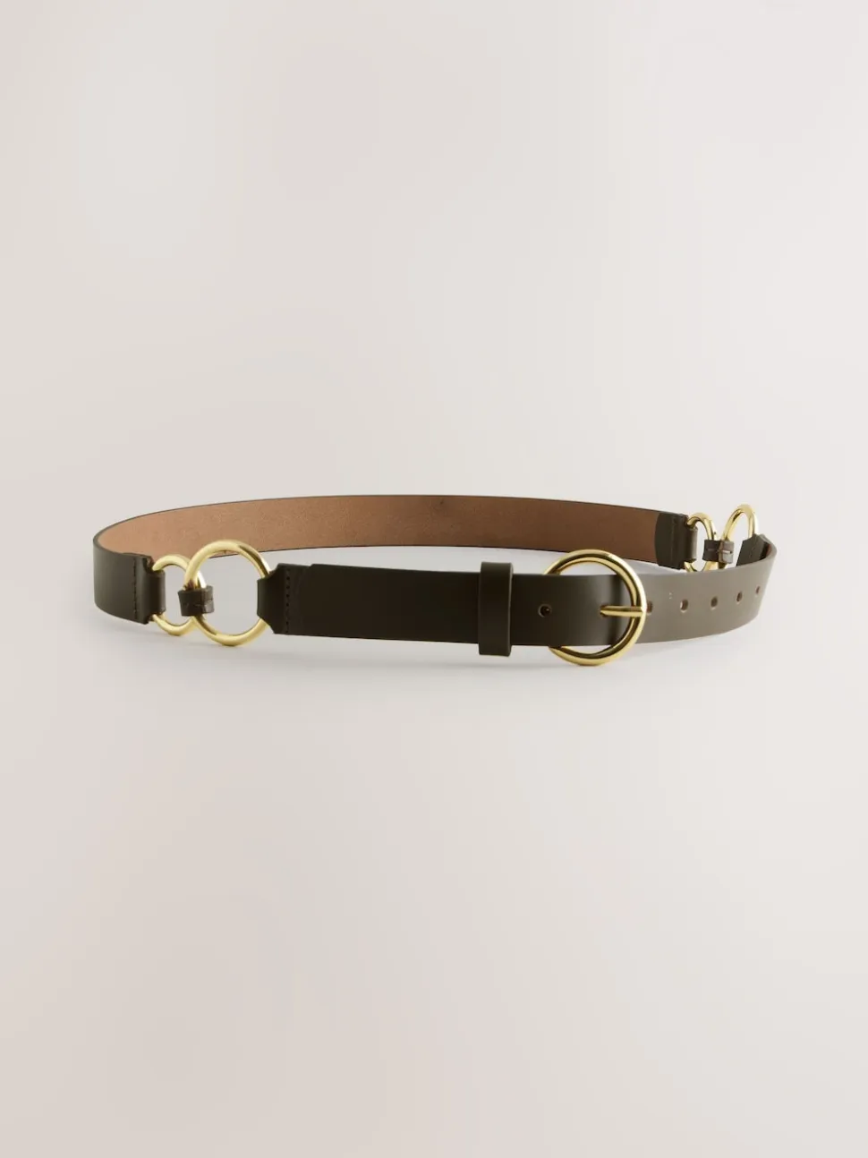 Khaki Green Metal Ring Detail Regular Leather Belt