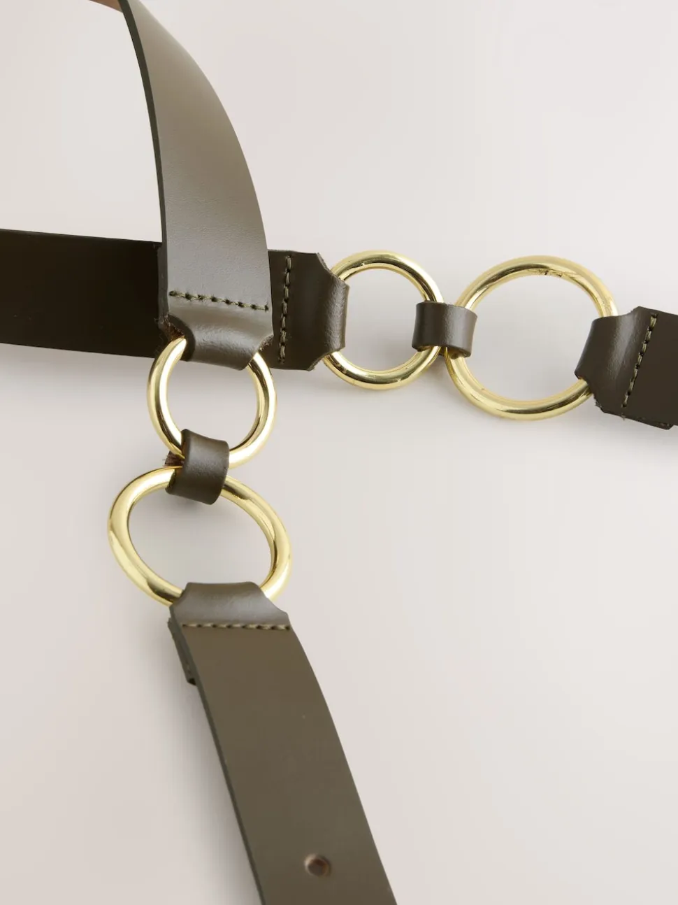 Khaki Green Metal Ring Detail Regular Leather Belt