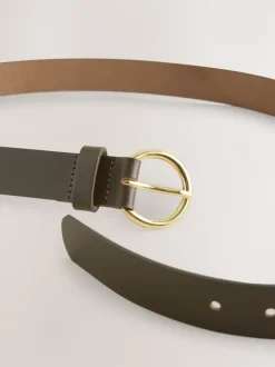 Khaki Green Metal Ring Detail Regular Leather Belt
