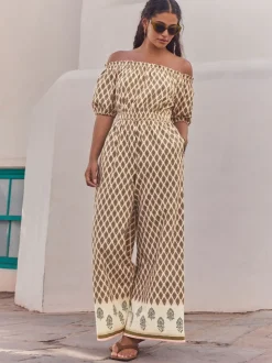 Khaki Green Off Shoulder 100% Cotton Wide Leg Jumpsuit
