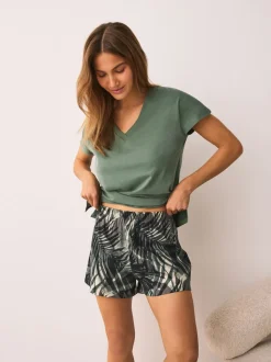 Khaki Green Palm Short Pyjamas Set