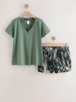 Khaki Green Palm Short Pyjamas Set