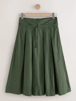 Khaki Green Pleated Midi Skirt