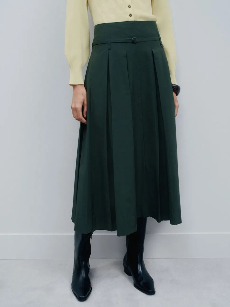 Khaki Green Pleated Midi Skirt