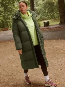 Khaki Green Shower Resistant Longline Padded Coat