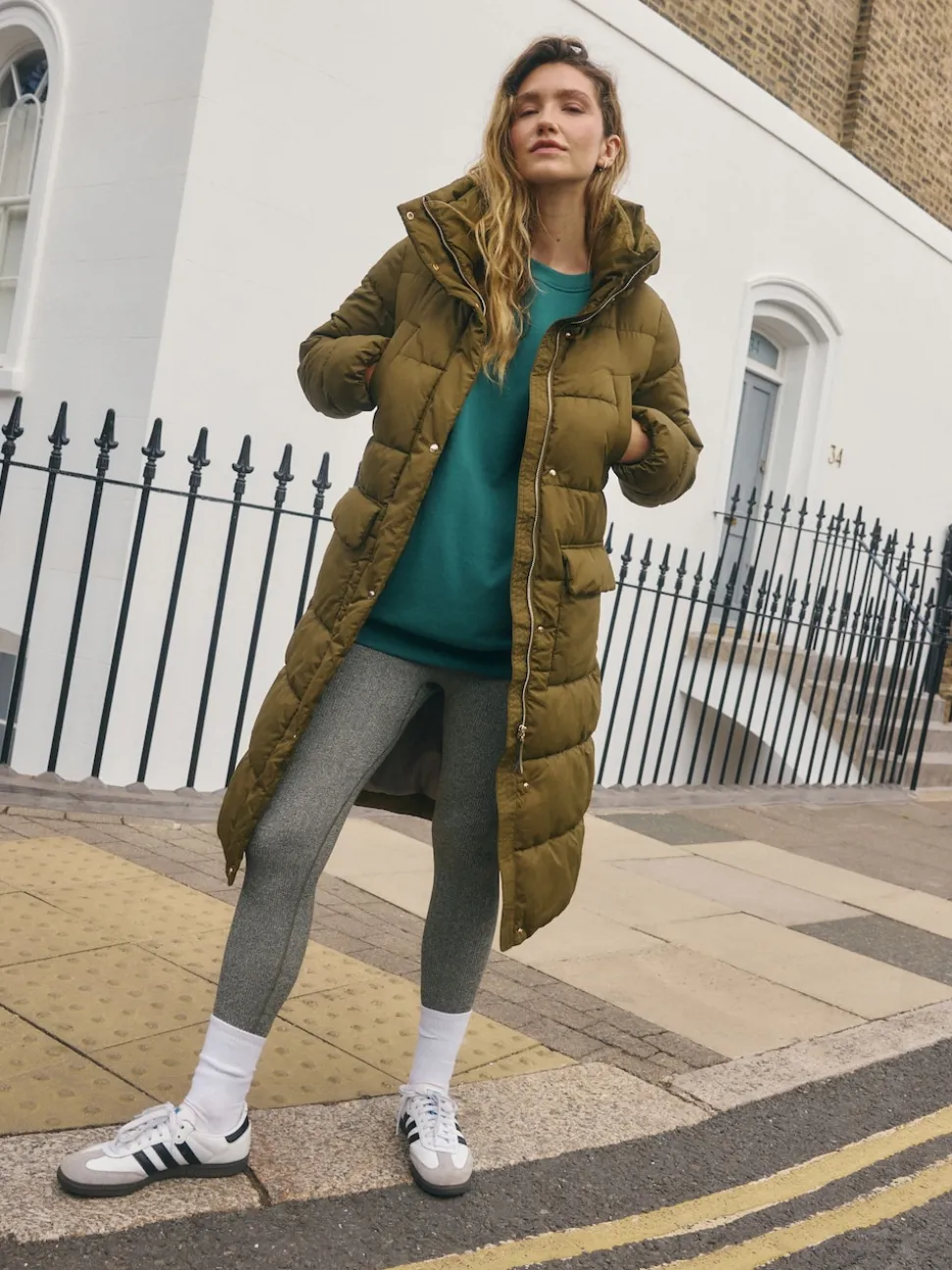 Khaki Green Shower Resistant Padded Hooded Longline Coat