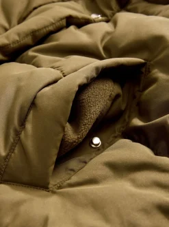 Khaki Green Shower Resistant Padded Hooded Longline Coat