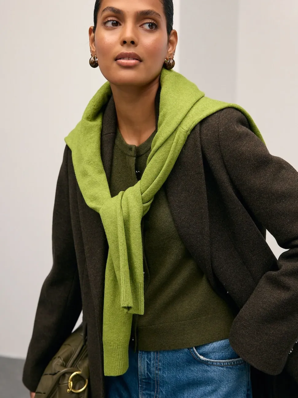 Khaki Green Slim Supersoft Crew Neck Cardigan with Wool