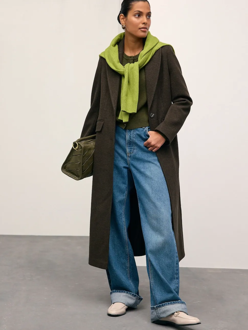 Khaki Green Slim Supersoft Crew Neck Cardigan with Wool