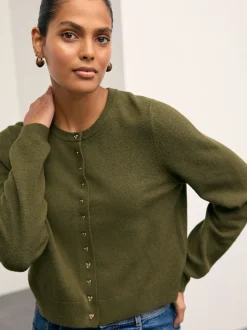 Khaki Green Slim Supersoft Crew Neck Cardigan with Wool