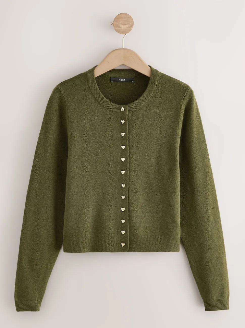 Khaki Green Slim Supersoft Crew Neck Cardigan with Wool