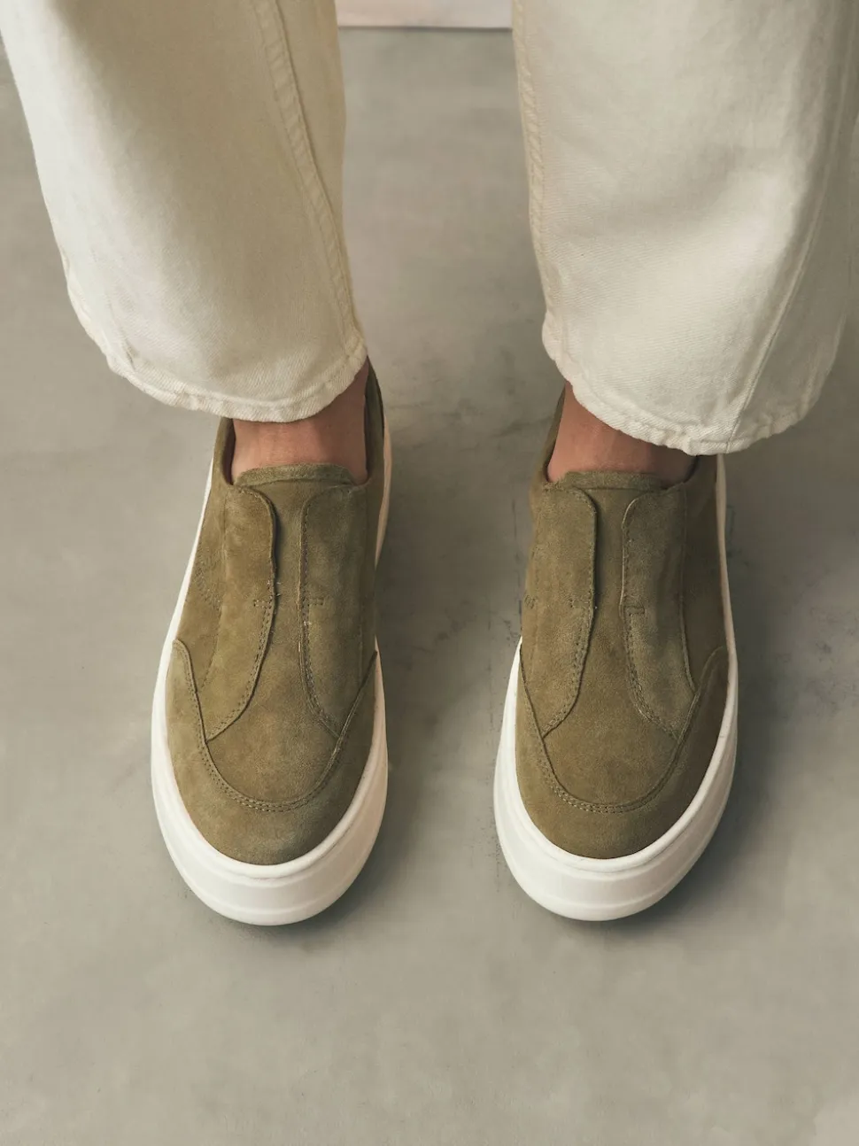 Khaki Green Slip On Signature Leather Chunky Wedge Platform Trainers