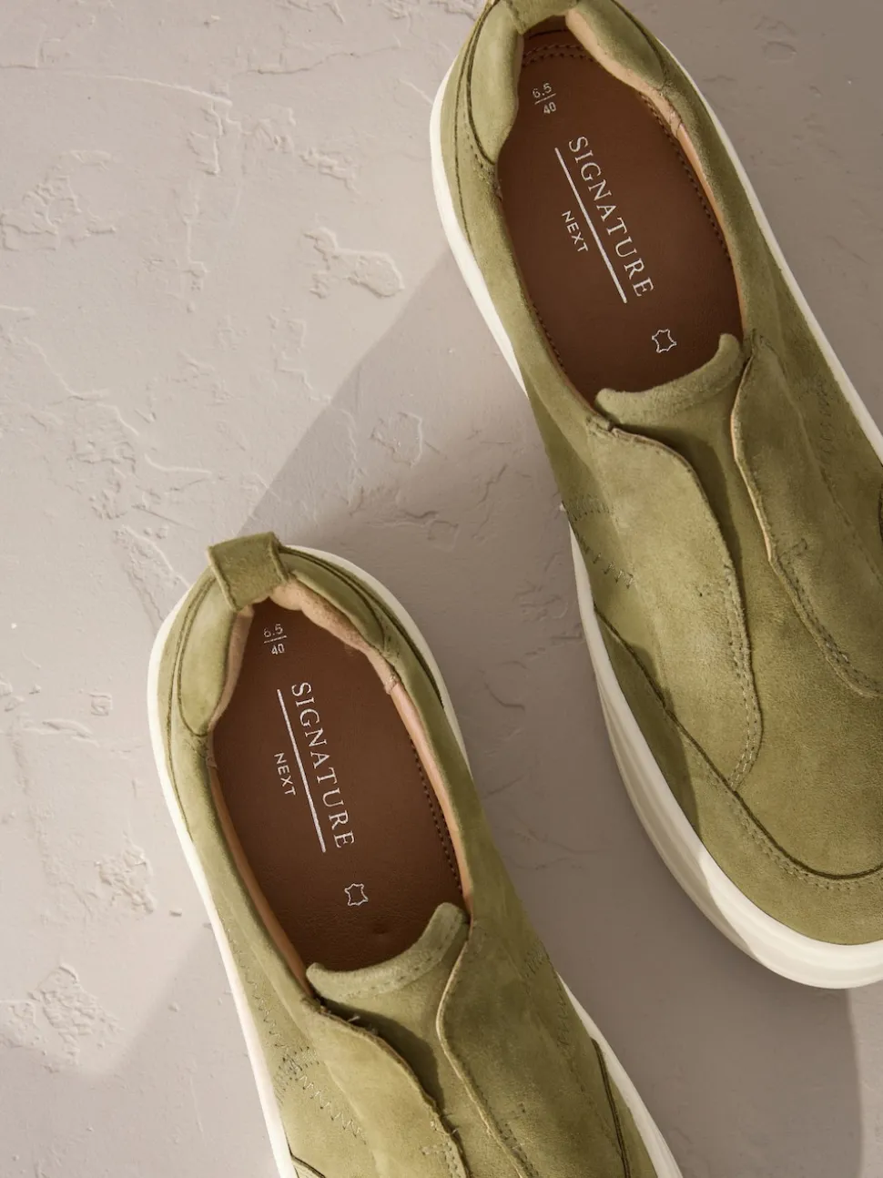 Khaki Green Slip On Signature Leather Chunky Wedge Platform Trainers
